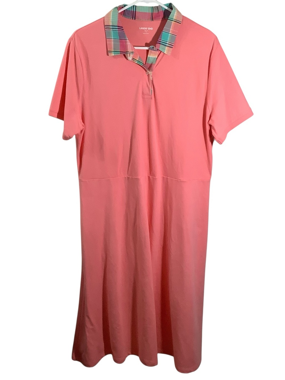 Lands' End Coral Polo Dress with Plaid Trim
